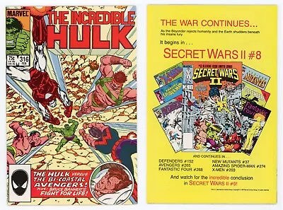 Buy Incredible Hulk #316 (NM+ 9.6) HIGH GRADE Bi-Coastal Avengers Byrne 1986 Marvel • 15.88£