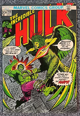 Buy THE INCREDIBLE HULK #168 Marvel Comics 1973 Key Issue 1st App. Of Harpy - VF+ • 43.97£