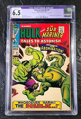 Buy Tales To Astonish #91 - CGC 6.5 (O/W To WHITE) - KEY 1st Cover Abomination 1967 • 79.02£