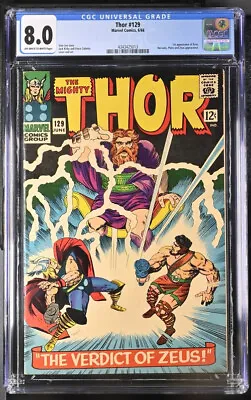 Buy Thor 129 CGC 8.0 OW.W PGS Marvel Comics 1966 1st App Of Ares Silver Age Marvel • 277.13£