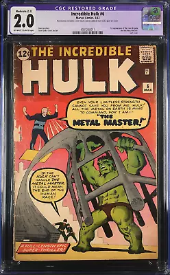 Buy THE INCREDIBLE HULK #6 MARCH 1963 CGC 2.0 OW/W PAGES *RESTORED* 1st METAL MASTER • 239.76£