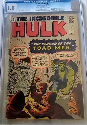 Buy Marvel Incredible Hulk #2 CGC 1.8 Silver Age Cream/Off White. • 1,178.60£