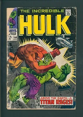 Buy The Incredible Hulk #106 Marvel Comics (1968) Missing Back Cover • 8£