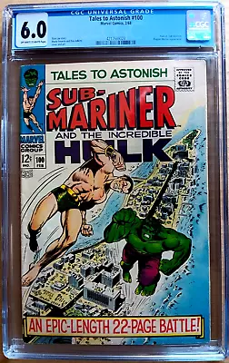 Buy TALES TO ASTONISH #100 CGC 6.0 OW-W 1968 Stan Lee & SEVERIN Hulk Vs Sub-Mariner • 55.97£