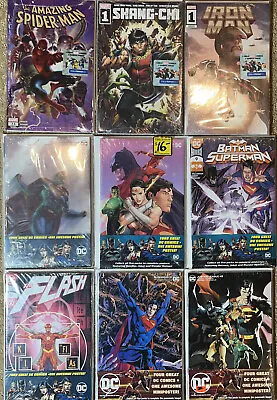 Buy 9 Marvel/DC Walm Comic Pax: Spidey 33 ShangChi 1 Iron Man 1 JL 45-46 Bat/Supe 9+ • 23.92£