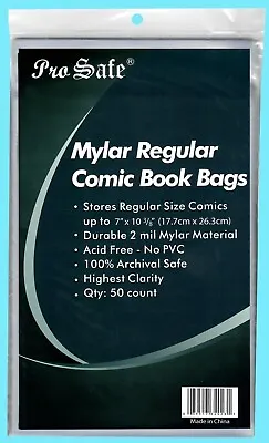 Buy 50 PRO SAFE REGULAR MYLAR COMIC BOOK BAGS 2 MIL Clear Archival Storage Acid Free • 26.09£