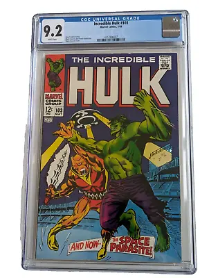Buy INCREDIBLE HULK 103 CGC 9.2 White Pages!! 1st Space Parasite Marvel 1968 • 379.77£