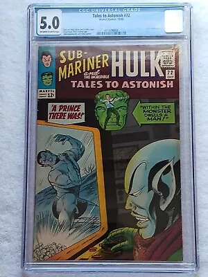 Buy TALES TO ASTONISH #72 CGC 5.0 VG/FN  OW/W Pages HULK NAMOR SUB-MARINER - 1965 • 49.77£
