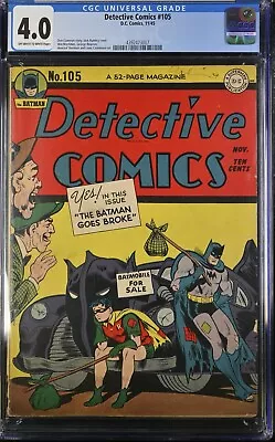 Buy Detective Comics #105 CGC 4.0 - Batman Robin Batmobile Cover- DC - 1945 O/W To W • 402.13£