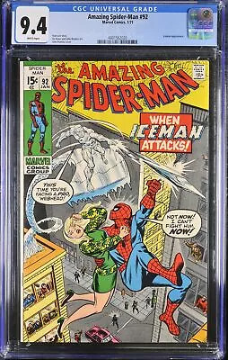 Buy Amazing Spider-Man #92 CGC NM 9.4 White Pages Ice Man Appearance! Stan Lee! • 441.95£