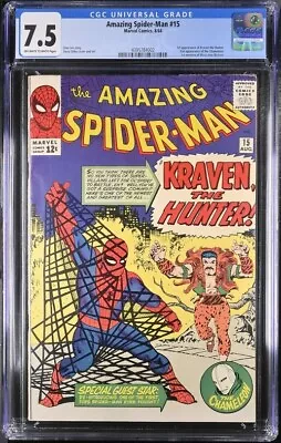 Buy Amazing Spider-Man #15 CGC 7.5 1st App. Kraven The Hunter Ditko Cover 1964 • 1,775.84£