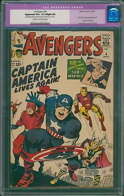 Buy Avengers #4 1964 CGC 4.5 COW Pages Slight Resto! The Return Of Captain America! • 869.32£