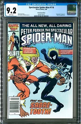 Buy Spectacular Spider-Man #116 (1986) CGC 9.2 White, Newsstand, Spidey + Sabretooth • 79.44£