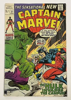Buy Captain Marvel #21. Aug 1970. Marvel. Vg. Captain Marvel Vs The Hulk! Uk Price! • 25£