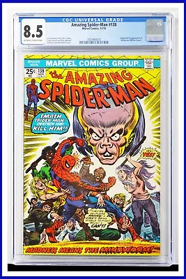 Buy Amazing Spider-Man #138 CGC Graded 8.5 Marvel 1974 Of White Pages Comic Book. • 147.05£