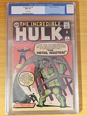 Buy The Incredible Hulk 6 CGC 3.0 - 1st Metal Master Teen Brigade 1963 - Old Case • 475£