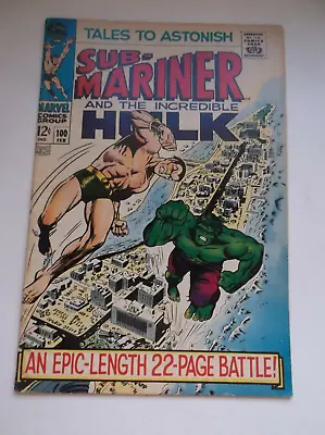 Buy Marvel: Tales To Astonish #100, Hulk Vs Subby, Classic Battle, 1968, Fn/vf!!! • 59.57£
