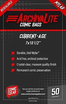 Buy Current Age MYLAR Comic Bags (50) - Comic Clear - RESEALABLE Closure Type • 18.97£