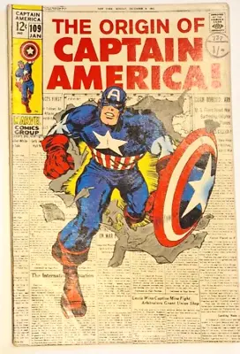 Buy CAPTAIN AMERICA 109 Marvel Silver Age 1969 Origin Of Cap Classic Kirby Cover Art • 180£