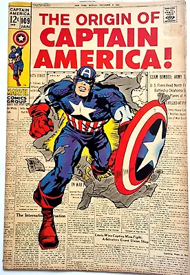 Buy CAPTAIN AMERICA 109 Marvel Silver Age 1969 Origin Of Cap Classic Kirby Cover Art • 160£