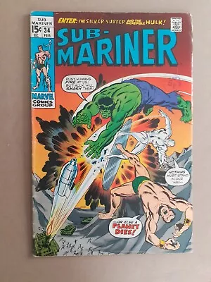 Buy Sub- Mariner No 34. Prelude To 1st Defenders. Hulk & Silver Surfer. 1971.Fine- • 27.50£