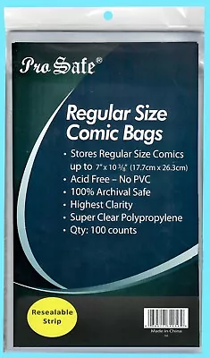 Buy 100 PRO SAFE REGULAR RESEALABLE COMIC BOOK BAGS 7 X 10-3/8 Archival Safe Storage • 15.29£