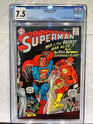 Buy Superman #199, Cgc 7.5, Ow-white Pgs, 1967, 1st Superman Vs. Flash Race! Sa Key! • 377.31£