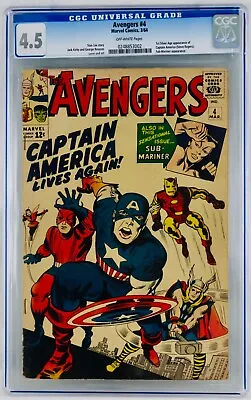 Buy Avengers #4 CGC 4.5 Off-White Pages First Captain America SA Appearance 1st VG+ • 1,182.72£