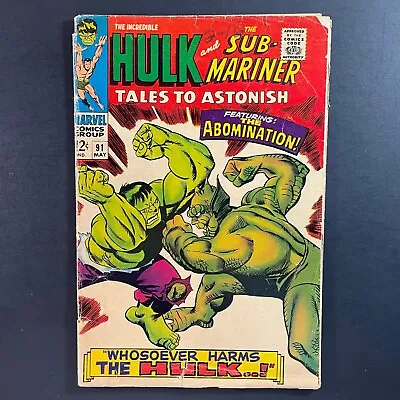 Buy Tales To Astonish 91 KEY Silver Age Marvel 1967 Hulk Abomination Stan Lee Comic • 19.73£