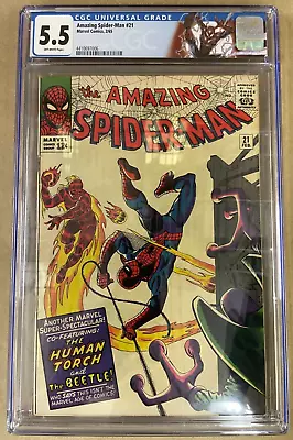 Buy The Amazing Spider-Man #21 (Marvel Comics 1965)CGC 5.5 Human Torch & Beetle App. • 183.88£