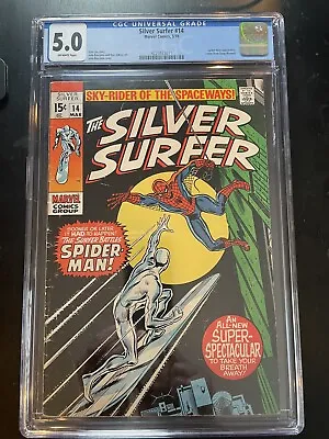 Buy Silver Surfer #14 CGC 5.0 1st Meeting & Battle Spider-Man 1970 | FREE SHIPPING • 99.94£