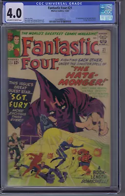 Buy Fantastic Four #21 Marvel 1963 CGC 4.0 (VG) 1st App Hate-Monger, SGT Fury X-Over • 177.89£