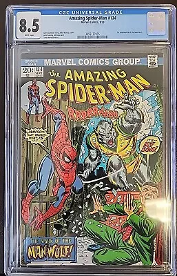 Buy Amazing Spider-Man #124 CGC 8.5 *WHITE PAGES*- 1973- 1st App. Man-Wolf • 277.12£