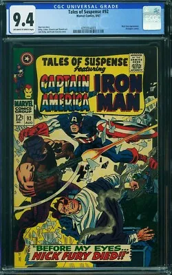 Buy Tales Of Suspense #92 Cgc 9.4 Ow-w Pages Marvel Comics 1967 Nick Fury + Avengers • 246.24£