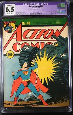 Buy Action Comics #40 CGC FN+ 6.5 Off White (Restored) Classic WWII Superman Cover! • 1,985.07£