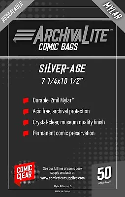 Buy Silver Age Mylar Comic Bags (50) - Comic Clear - RESEALABLE Closure Type • 18.97£