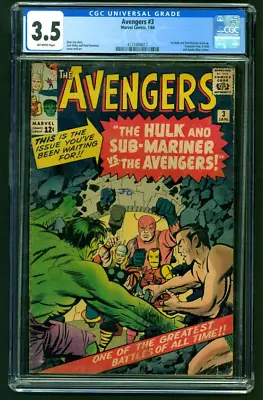 Buy Avengers #3 CGC 3.5 OW Pages - 1st Team Up Hulk & Sub-Mariner! 1964 Marvel • 256.94£