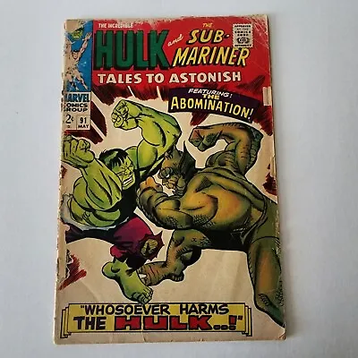 Buy Tales To Astonish #91 May 1967 1st Abomination Cover! Marvel Hulk, Sub Mariner • 39.51£