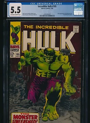 Buy INCREDIBLE HULK #105 CGC 5.5 7/68 MARVEL OW/W PAGES 1st APP. MISSING LINK • 199.87£