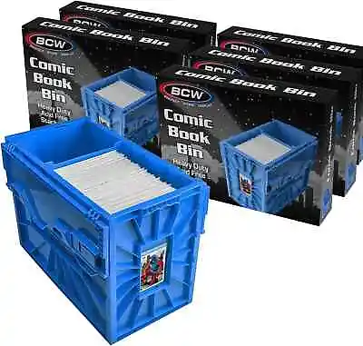 Buy 1 Case (5) BCW Short Plastic Comic Book Bins Boxes Heavy Duty With Lid - BLUE • 74.95£