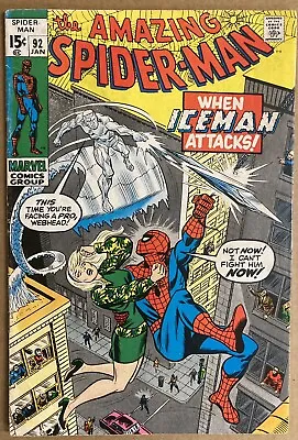 Buy Amazing Spiderman #92 January 1971 Iceman Appearance Great X-Men Crossover Cents • 59.99£