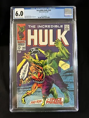 Buy Incredible Hulk #103 CGC 6.0, OW/W, 1968 Marvel Comics 1st App Space Parasite • 74.61£
