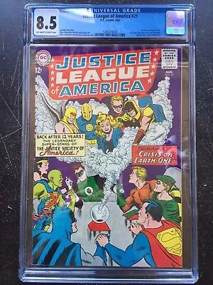 Buy JUSTICE LEAGUE OF AMERICA #21 CGC VF+ 8.5; OW-W; Classic Crisis On Earth-One! • 1,035.38£