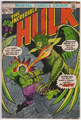 Buy The Incredible Hulk #168, Marvel Comics 1973 FN 6.0 1st Appearance Of The Harpy • 15.99£