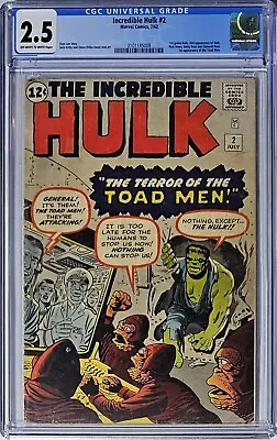 Buy Incredible Hulk #2 CGC 2.5 Marvel 1962 1st Appearance Of Green Hulk • 1,602.35£