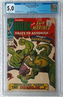 Buy Tales To Astonish #91 (Marvel, 5/67) CGC 5.0 VG/FN {2nd Appearance ABOMINATION} • 133.56£