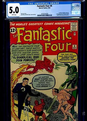 Buy Fantastic Four #6 Cgc 5.0 White (9/62)  1st Marvel Team-up Dr. Doom & Submariner • 755.55£