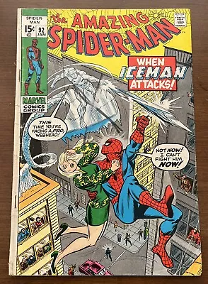 Buy Amazing Spider-Man #92 First Meeting Of Spider-Man And Iceman 1971 GD 2.0 • 19.99£