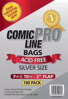 Buy COMIC PRO-LINE ~ 100 SILVER AGE CRYSTAL CLEAR 2mil COMIC BAGS 7 1/4  X 10 1/2  • 15.30£