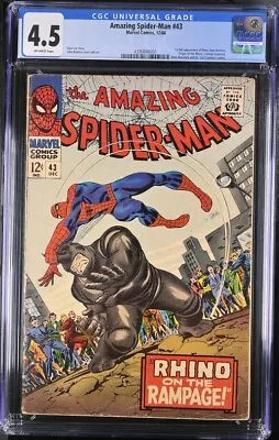 Buy Amazing Spider-Man 43 Marvel 1966 CGC 4.5 Rhino 🔑1st Full Mary Jane John Romita • 142.31£